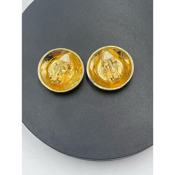 Liz Claiborne Vintage Lg Oval Black Enamel Jewel Crest Clip Earrings - Picture 12 of 16